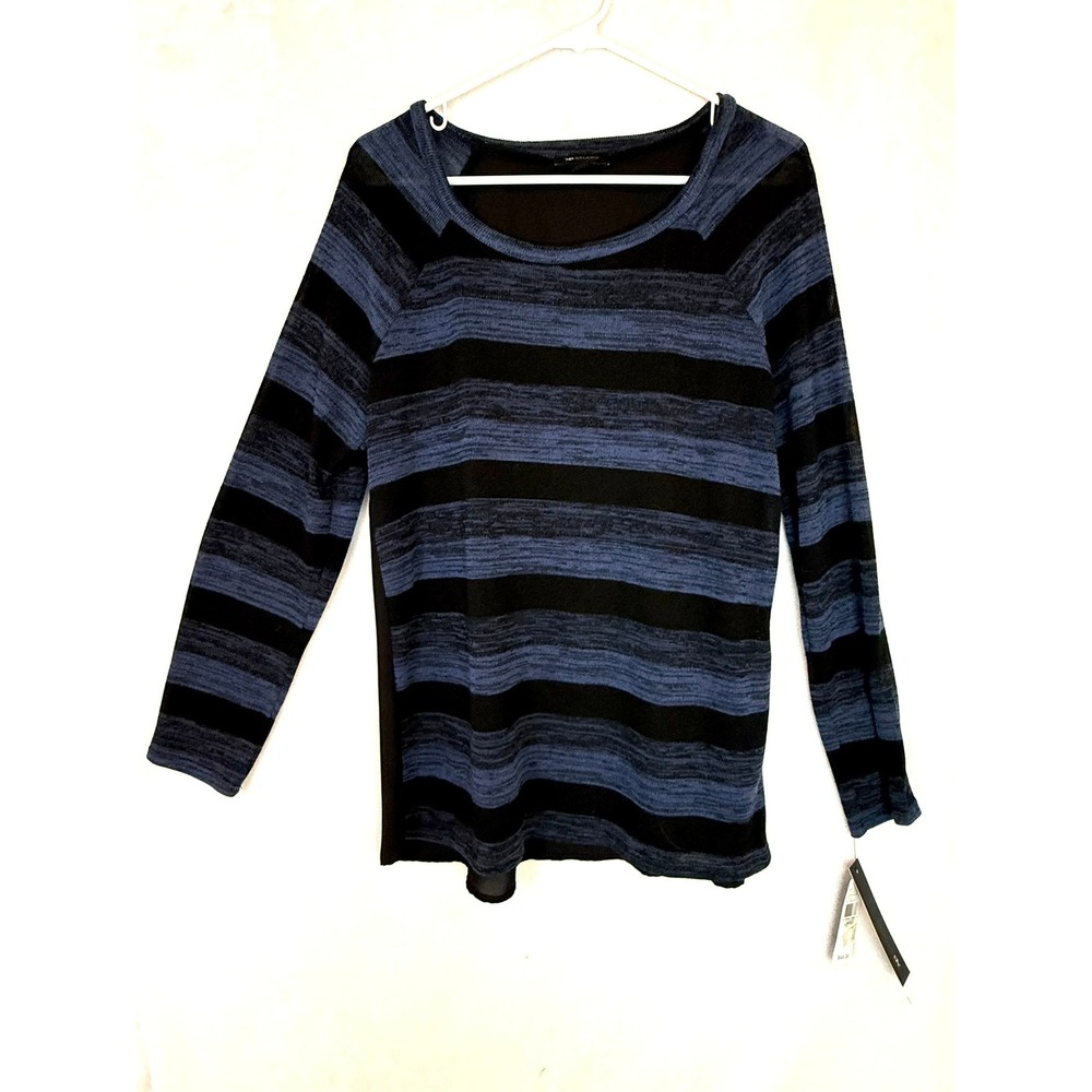 AB Studio Striped Mixed Media Top Women Large Blue Black NWT Sheer Back Raglan‎